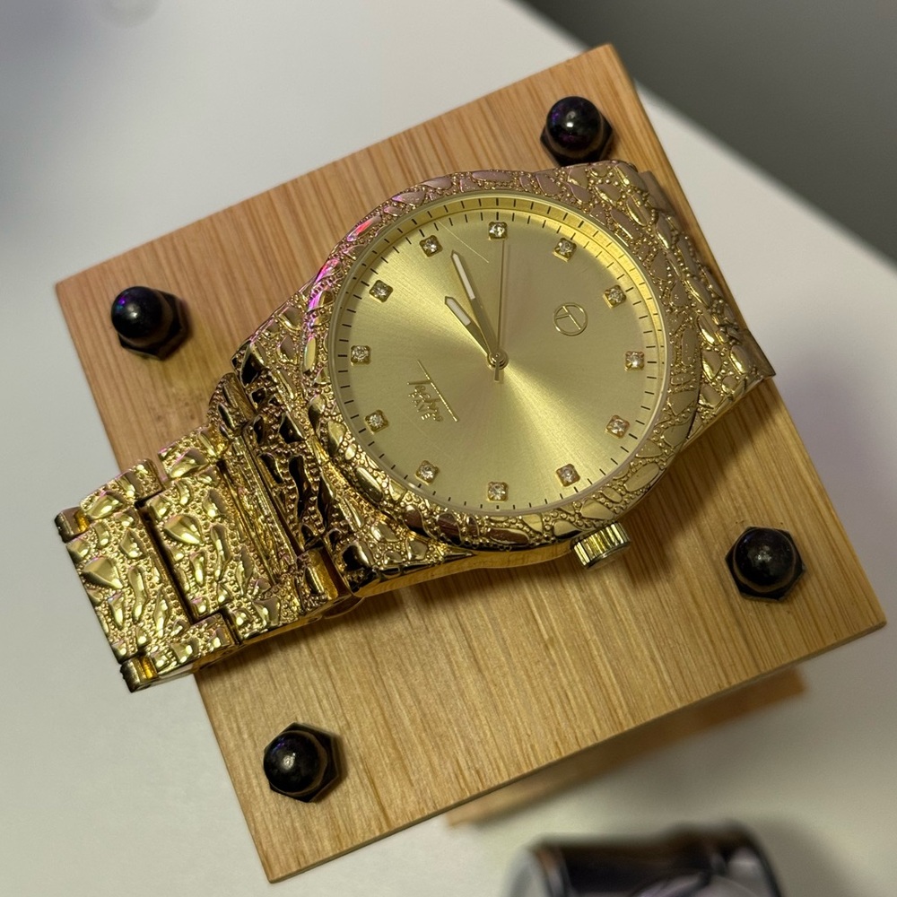 Gold Textured Watch with Crystal Accents - Picture 5 of 9